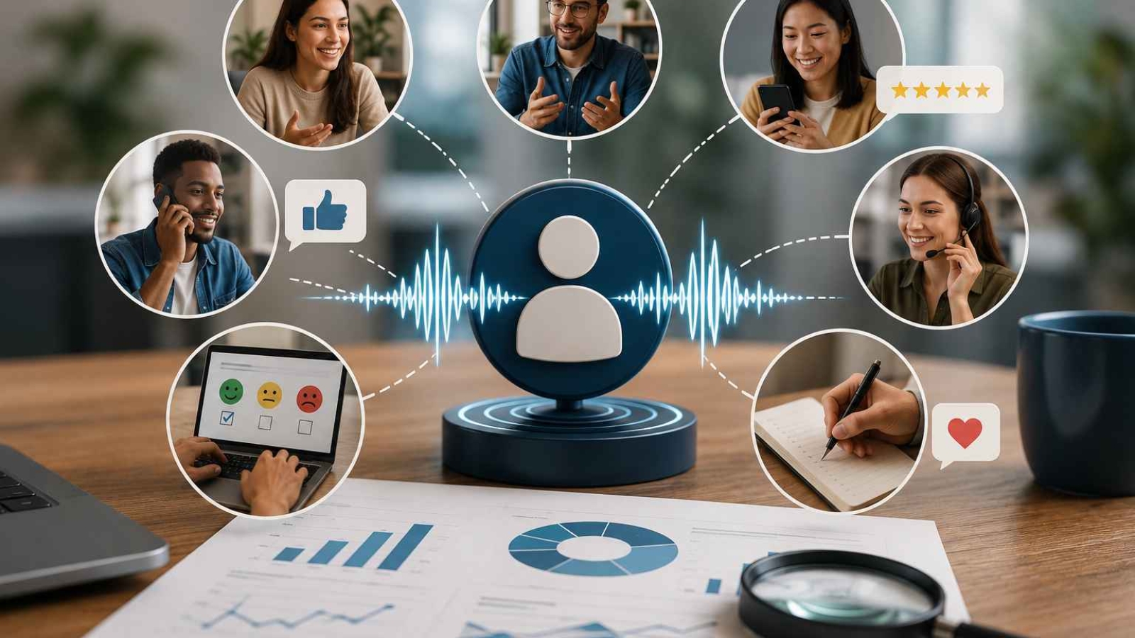 "Voice of Customer research illustration showing customer feedback collection, surveys, interviews, reviews, sentiment analysis, and data insights for improving customer experience and business growth."