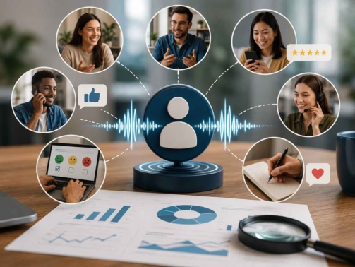 "Voice of Customer research illustration showing customer feedback collection, surveys, interviews, reviews, sentiment analysis, and data insights for improving customer experience and business growth."