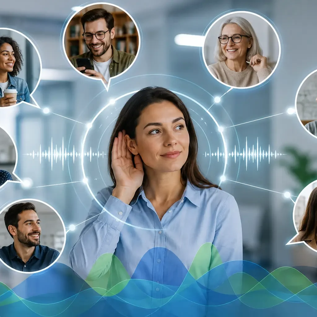 "Illustration of voice of the customer insights showing diverse customer feedback, conversations, and sentiment analysis used to guide customer-centric business decisions."