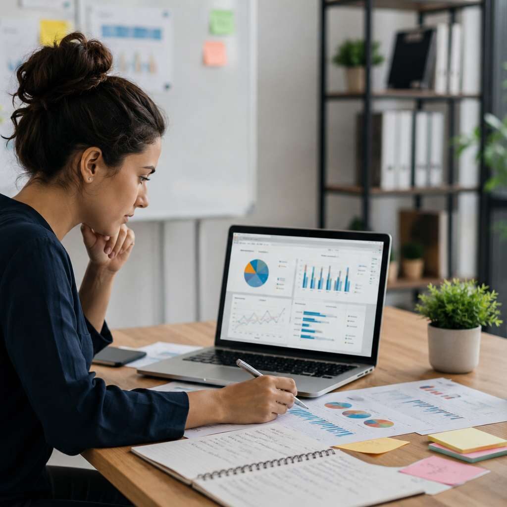 Product marketing professional analyzing customer insights, performance metrics, and marketing strategy in a modern office workspace.