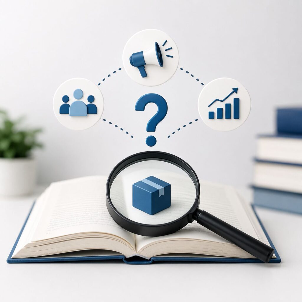 Minimal concept of an open book with a magnifying glass highlighting a product, surrounded by customer, marketing, and growth icons representing product marketing case studies and business strategy.