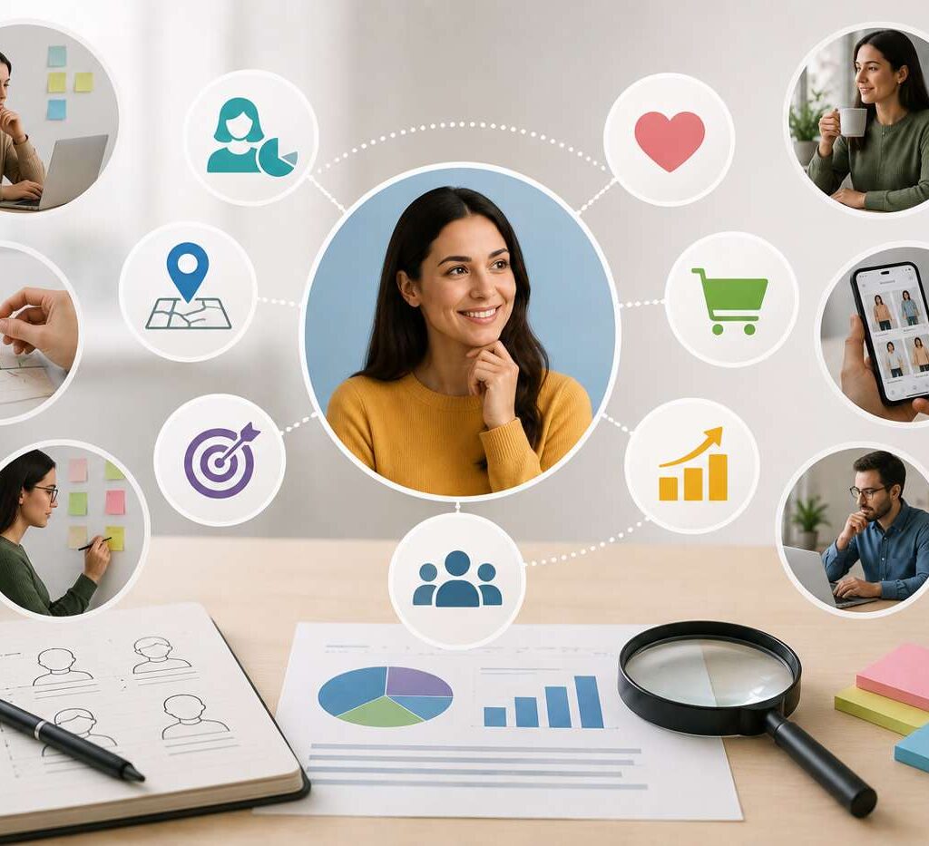 "Conceptual image of buyer persona research with customer demographics, interests, purchasing behavior, and data analysis."