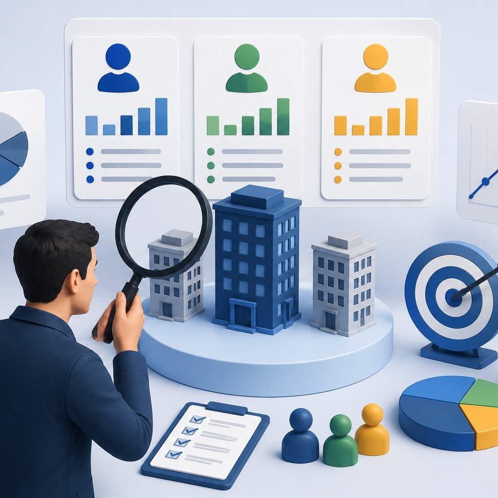 "Business professional conducting competitor research using market data, competitor analysis, and customer insights."