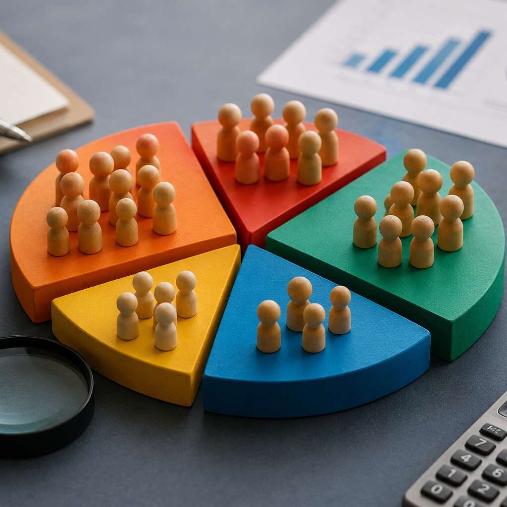 "Illustration of market segmentation charts and customer groups representing Market Sizing Analysis for estimating market potential and target audience."