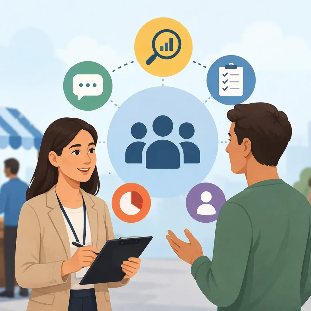 "Concept illustration of primary market research showing customer interviews, surveys, and audience analysis."