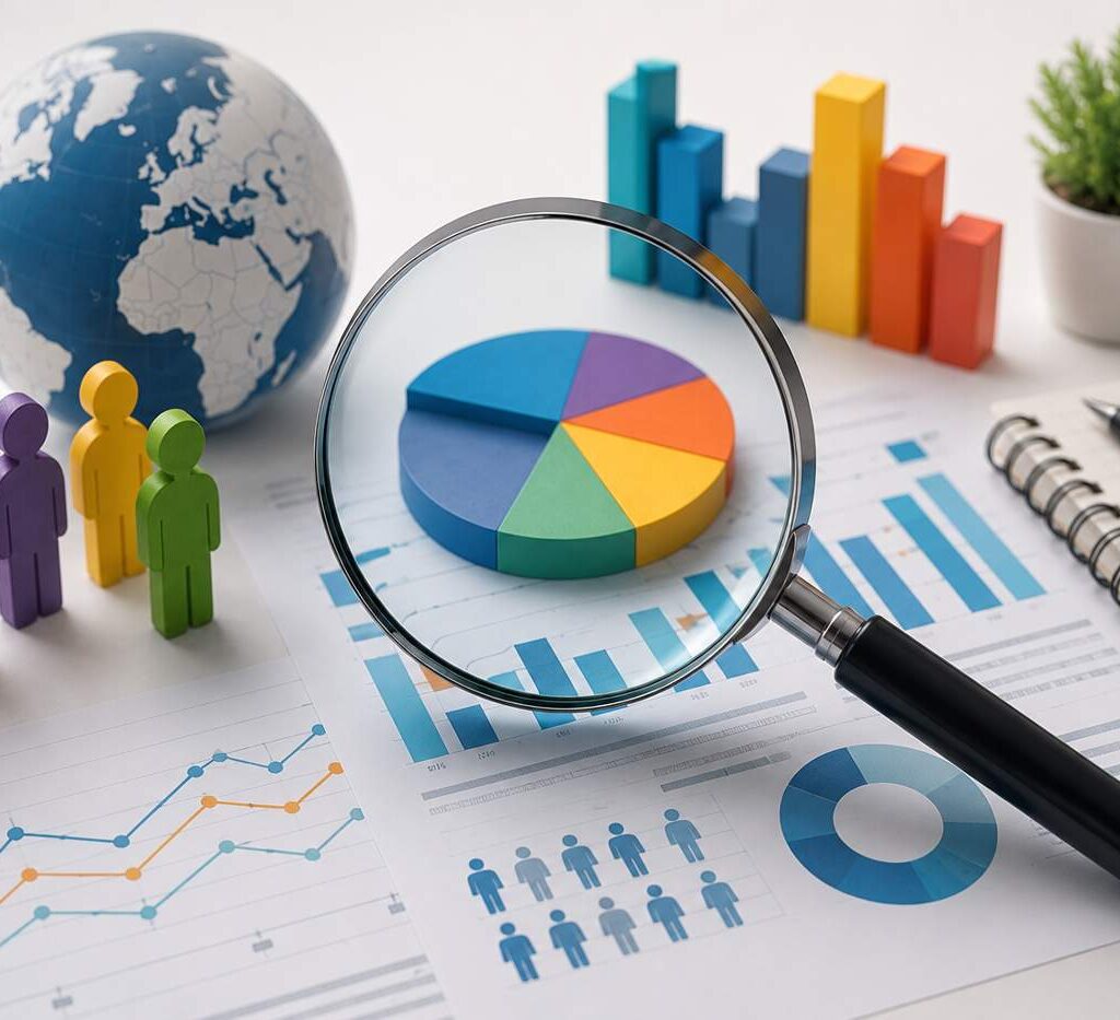 Market Research Services dashboard featuring customer personas, statistical charts, and global analytics for business decision-making.