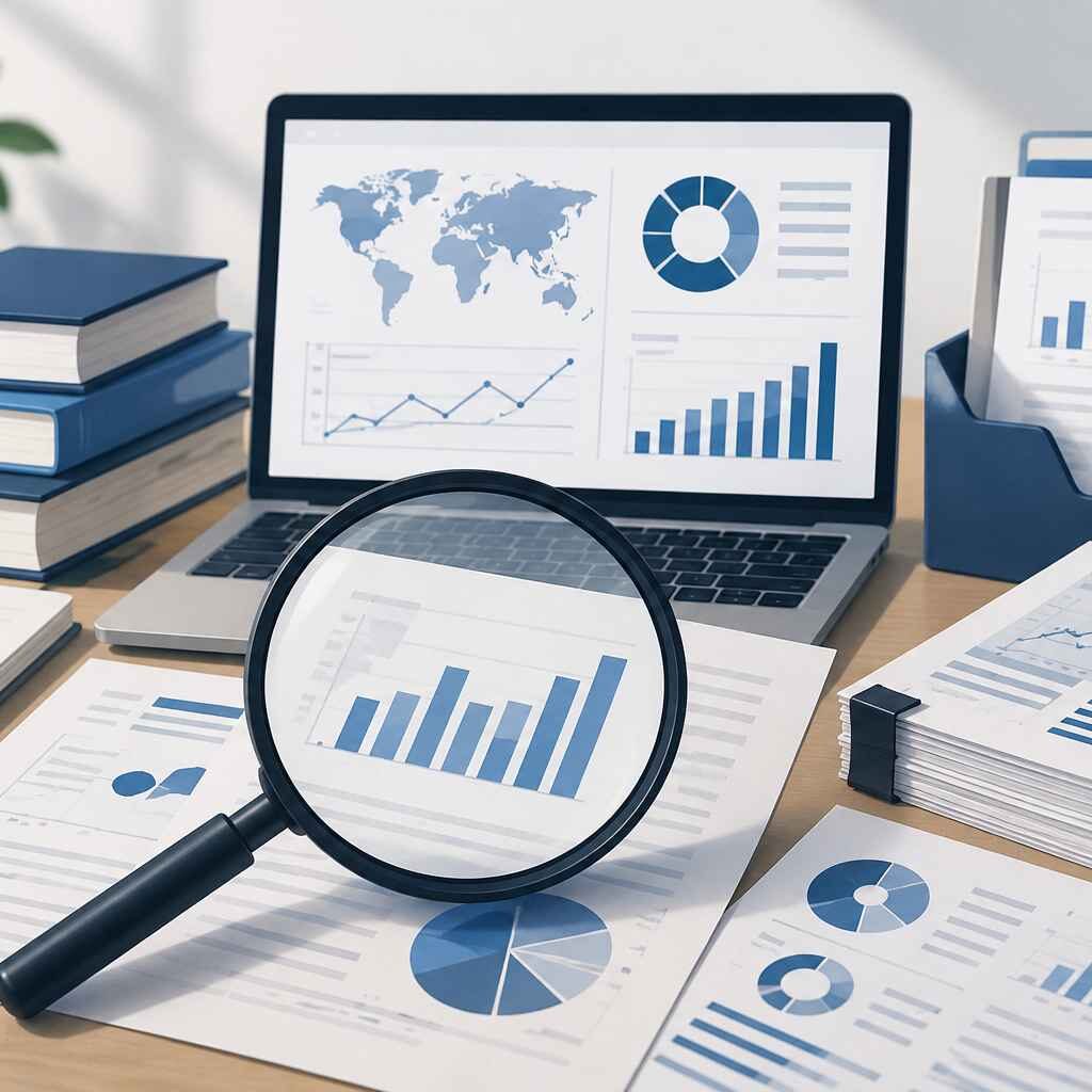 "Illustration of secondary market research showing data reports, analytics charts, books, and a magnifying glass used for market analysis and business research."