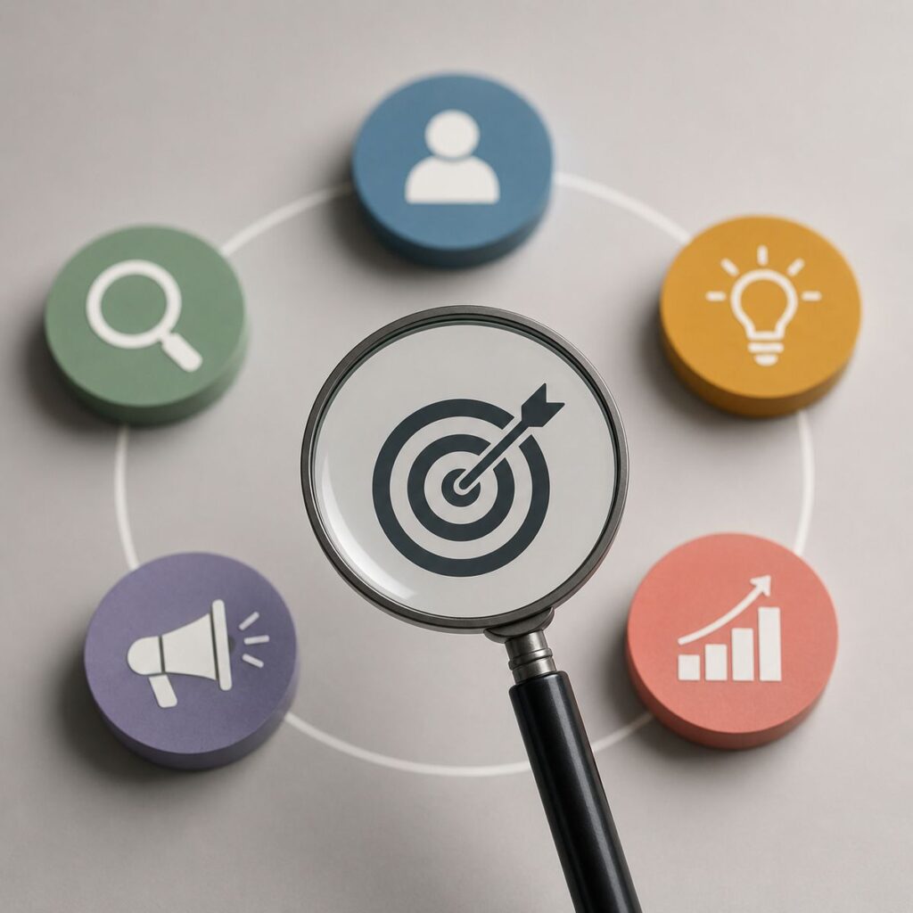 Minimal illustration showing a magnifying glass focusing on a target with customer research, strategy, messaging, and growth icons representing the key elements of a successful product marketing case study.