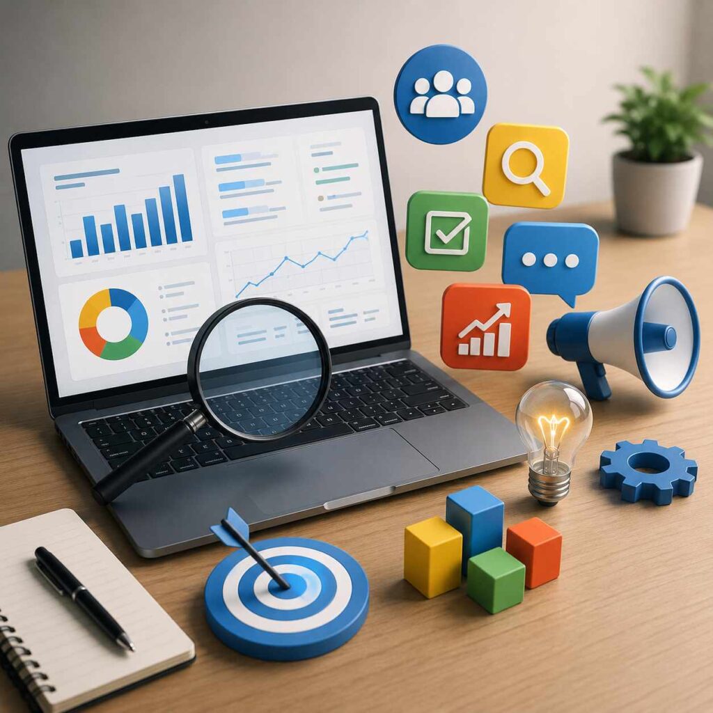 Laptop displaying marketing analytics dashboard surrounded by business strategy, research, targeting, communication, and growth planning tools on a modern workspace.