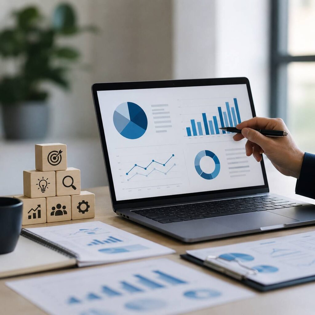 Business analytics dashboard with marketing performance charts, strategic planning blocks, and growth metrics illustrating why companies analyze product marketing case studies to improve business outcomes.