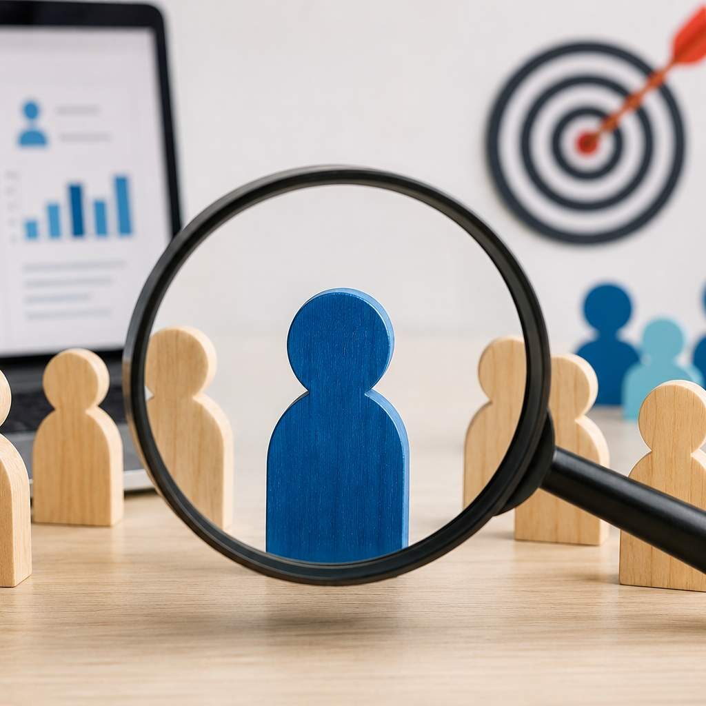 "Buyer persona research concept showing a highlighted target customer with audience segmentation, customer analytics, and market research insights to improve marketing strategy."