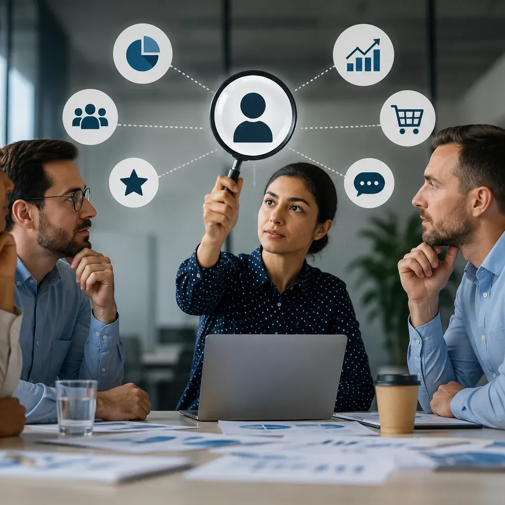 Business team conducting customer research and analyzing consumer insights to support data-driven decision-making and business growth strategies