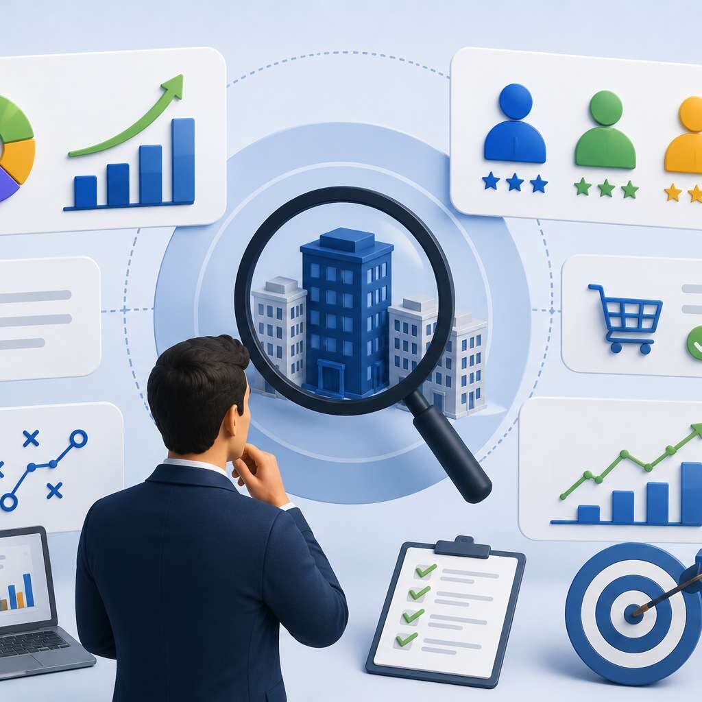 "Business professional conducting competitor research to improve strategic planning, market positioning, and organizational growth."