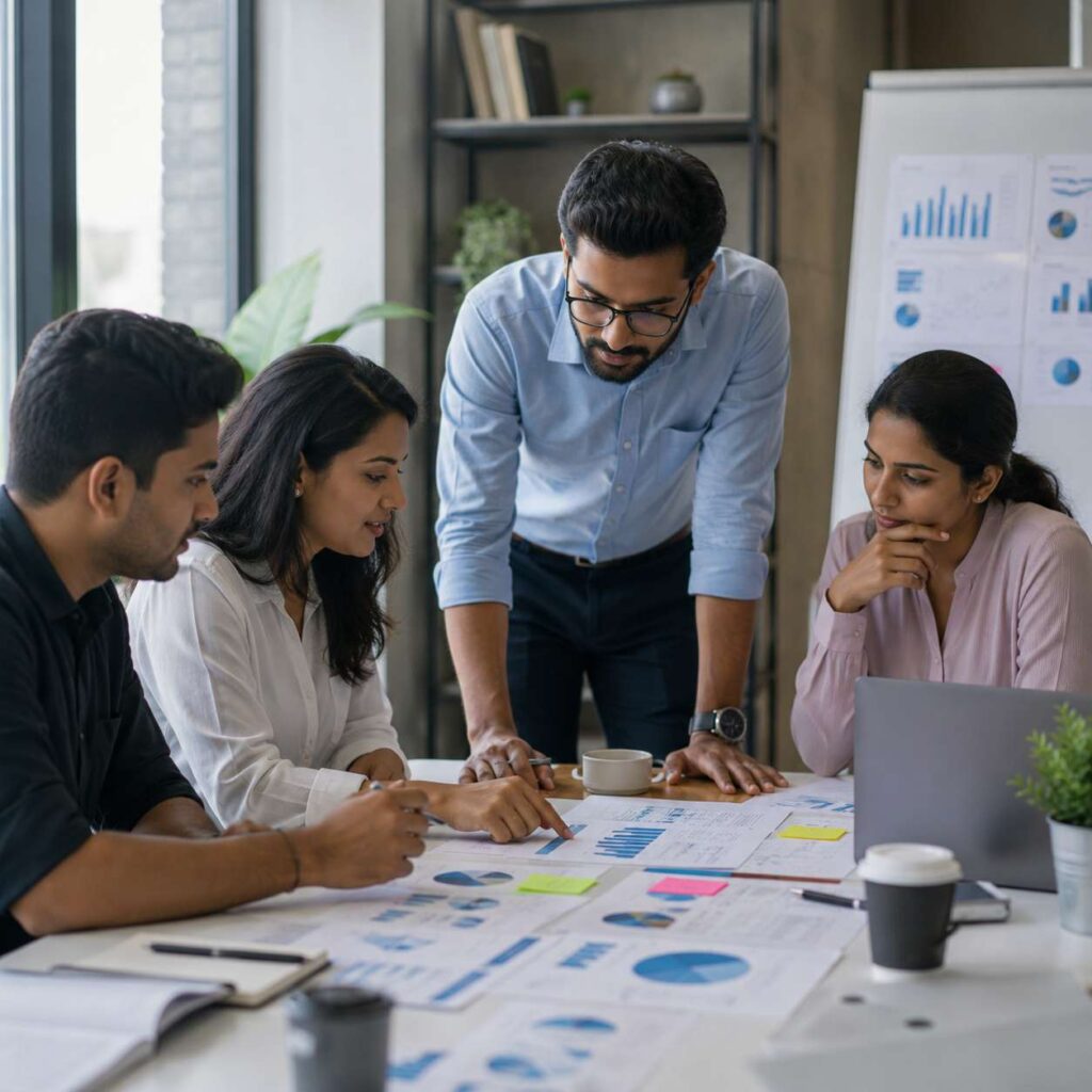 Business team collaborating on product marketing strategy, reviewing market research, analytics, and campaign planning in a modern office.