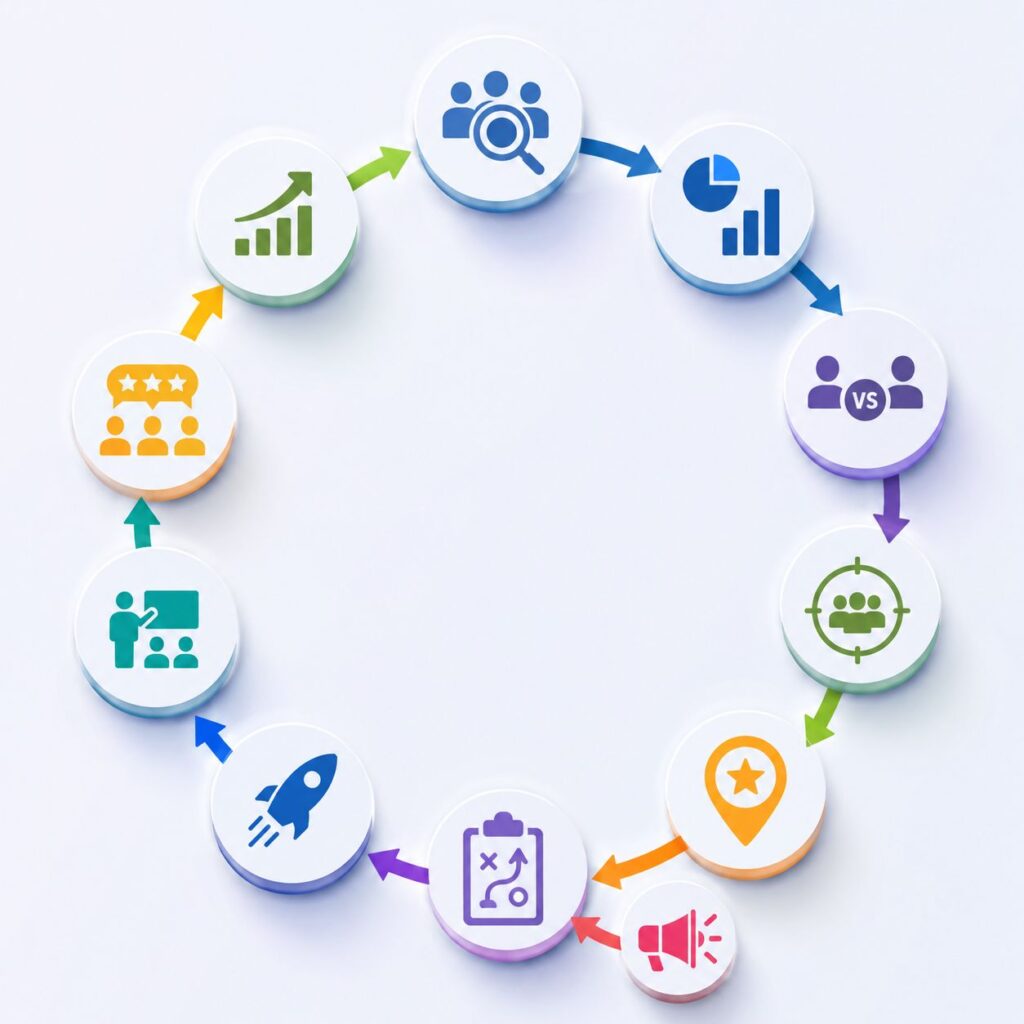 what is product marketing. Illustration of an end-to-end product marketing workflow using connected icons in a clean vertical flow, representing customer research, market analysis, competitive research, segmentation, positioning, messaging, go-to-market planning, product launch, sales enablement, customer adoption, and continuous growth optimization without any text labels.