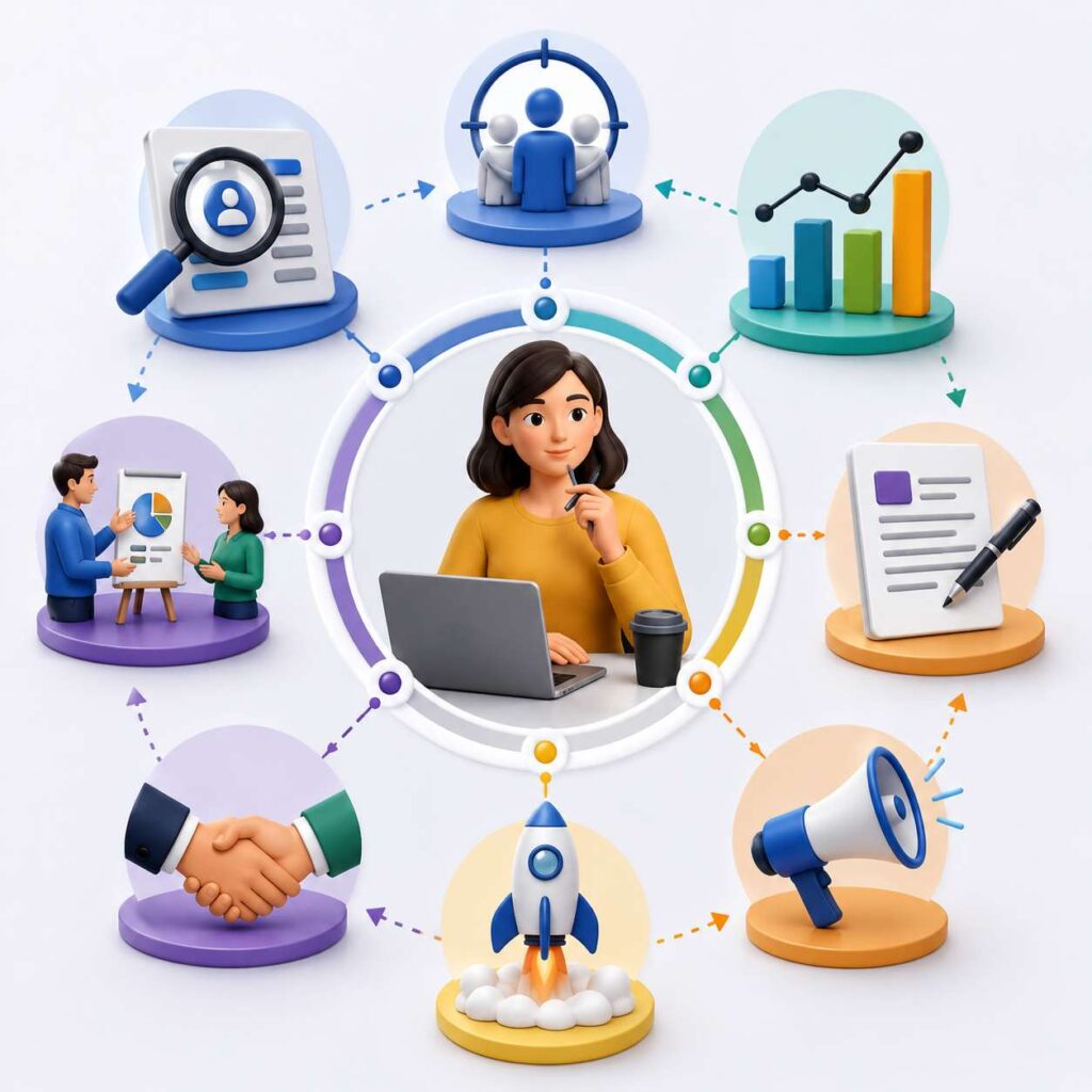 what is product marketing, 3D infographic illustration of a product marketer coordinating the complete product marketing lifecycle, surrounded by visual icons representing customer research, audience targeting, market analysis, strategy planning, product launch, marketing campaigns, sales collaboration, business growth, and cross-functional teamwork, with no text.