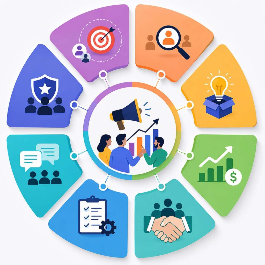 what is product marketing ,Modern product marketing infographic illustration featuring a central marketing strategy hub connected to colorful business icons representing audience research, customer insights, product positioning, innovation, growth, execution, collaboration, communication, and brand value in a clean circular layout without text.