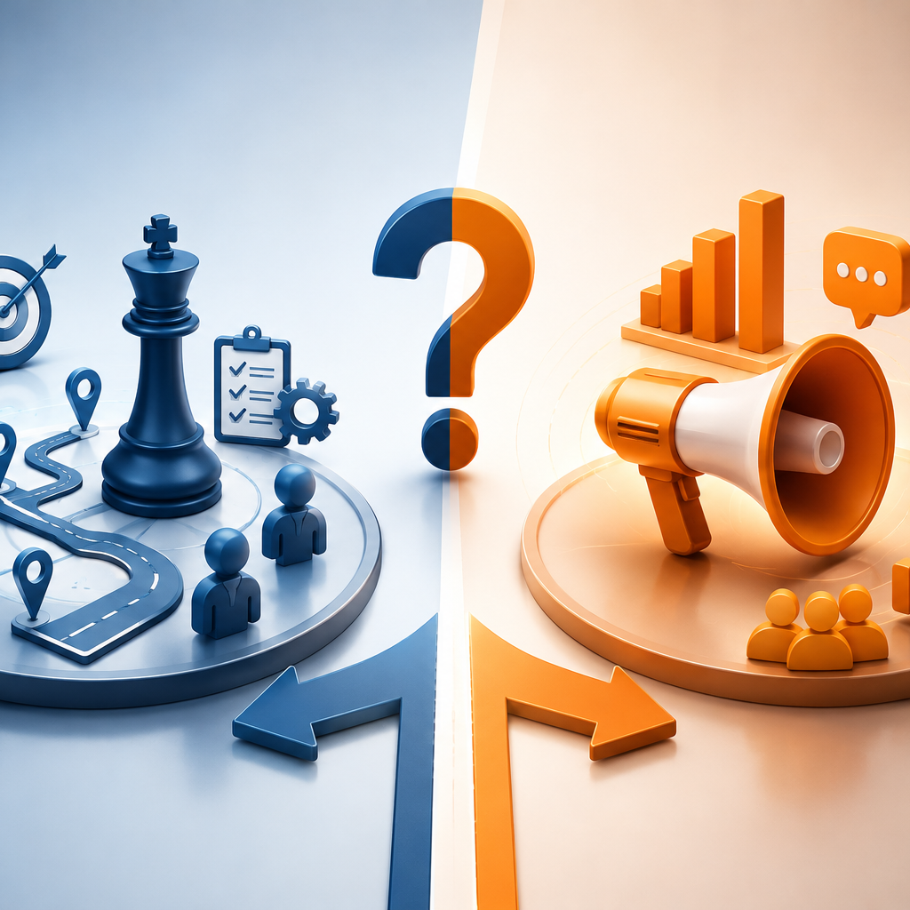  3D illustration comparing go-to-market strategy and marketing strategy, with blue strategic planning elements on one side and orange marketing and customer engagement elements on the other.
