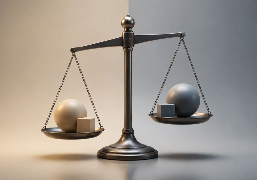Clear trade-offs represented by a balanced scale between two contrasting choices.
