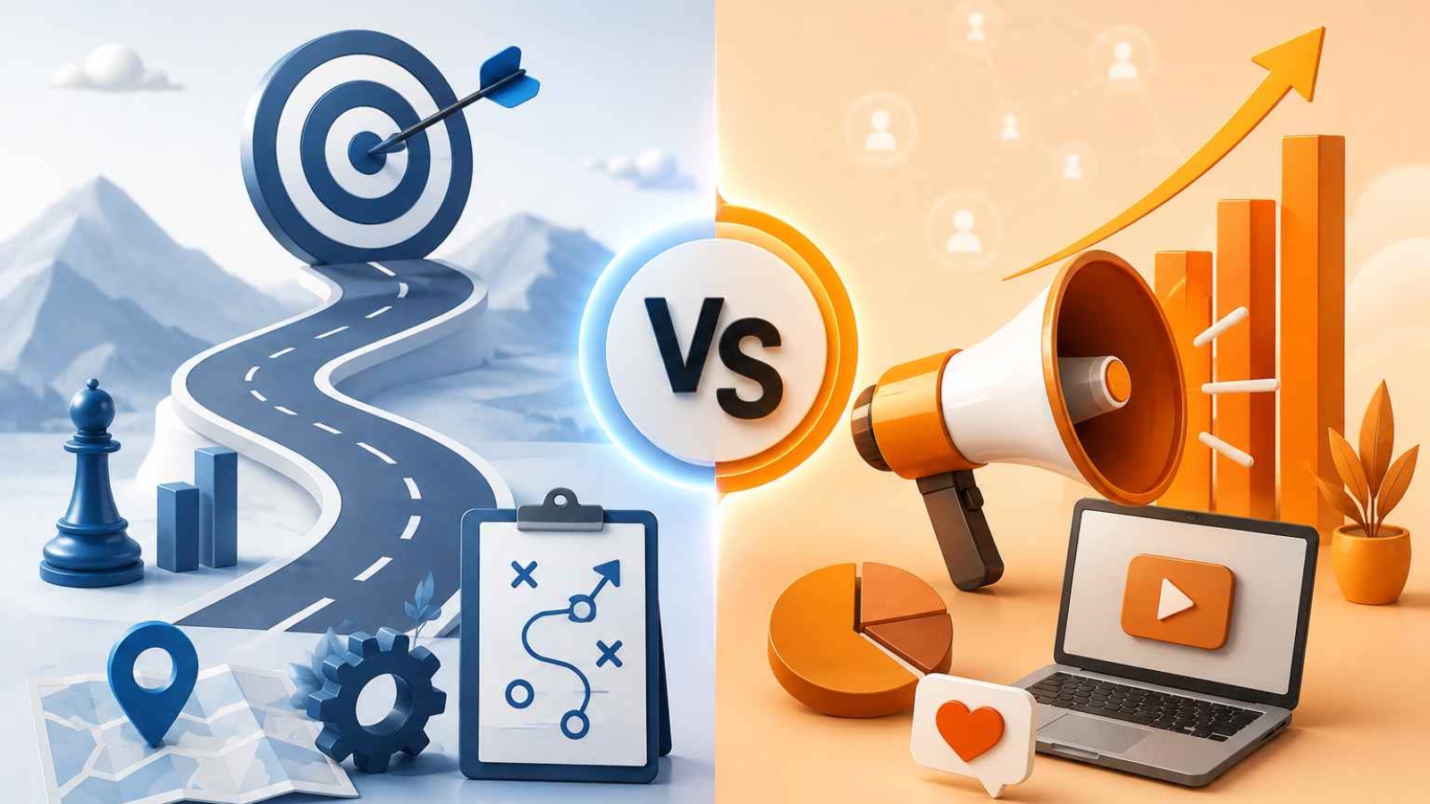 A split-screen 3D illustration comparing go-to-market and marketing strategies, with a blue strategic roadmap and target on the left and an orange megaphone,