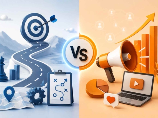 A split-screen 3D illustration comparing go-to-market and marketing strategies, with a blue strategic roadmap and target on the left and an orange megaphone,