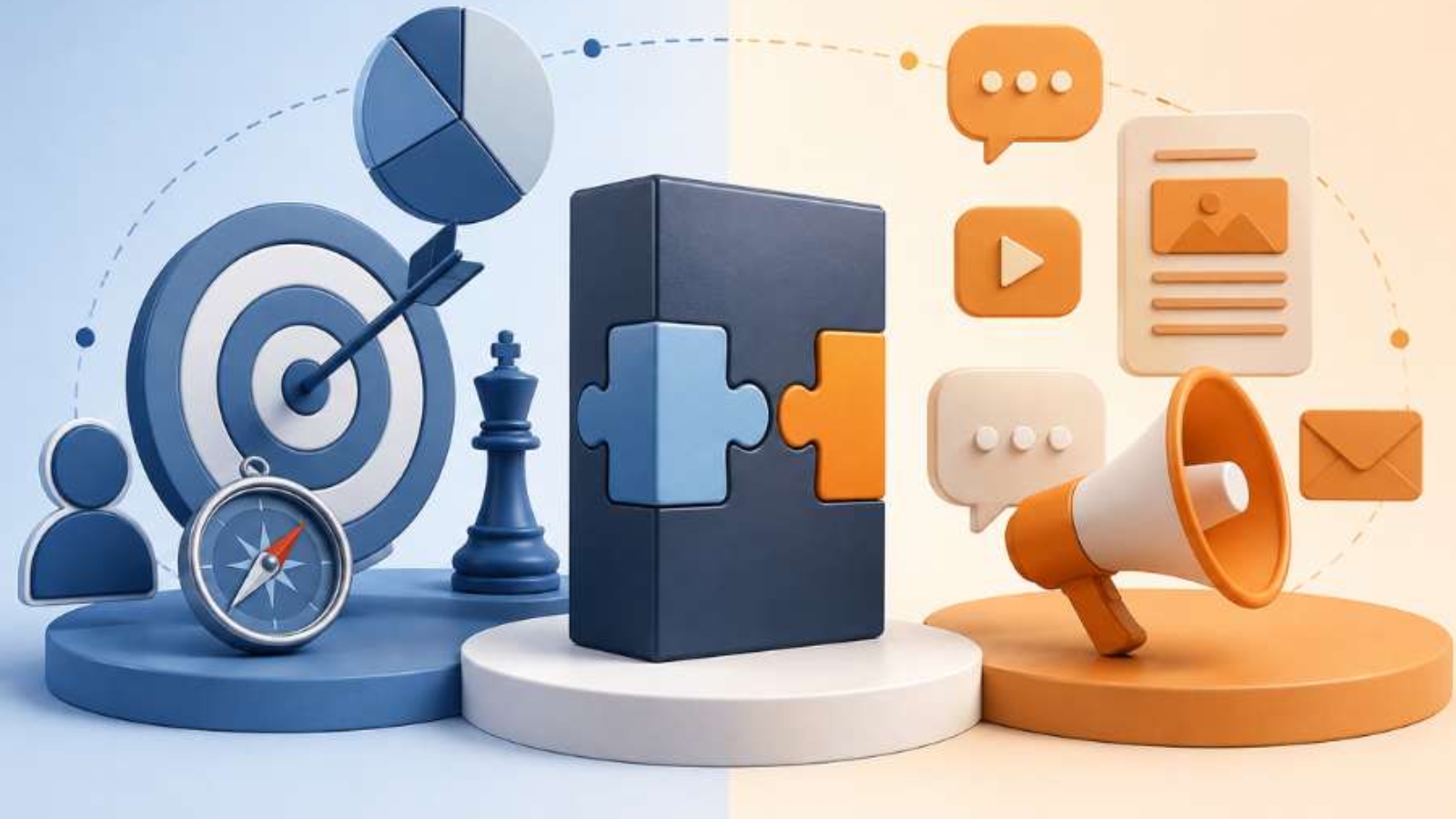 3D illustration comparing product positioning and messaging, with strategy symbols such as a target, compass, and analytics on one side,