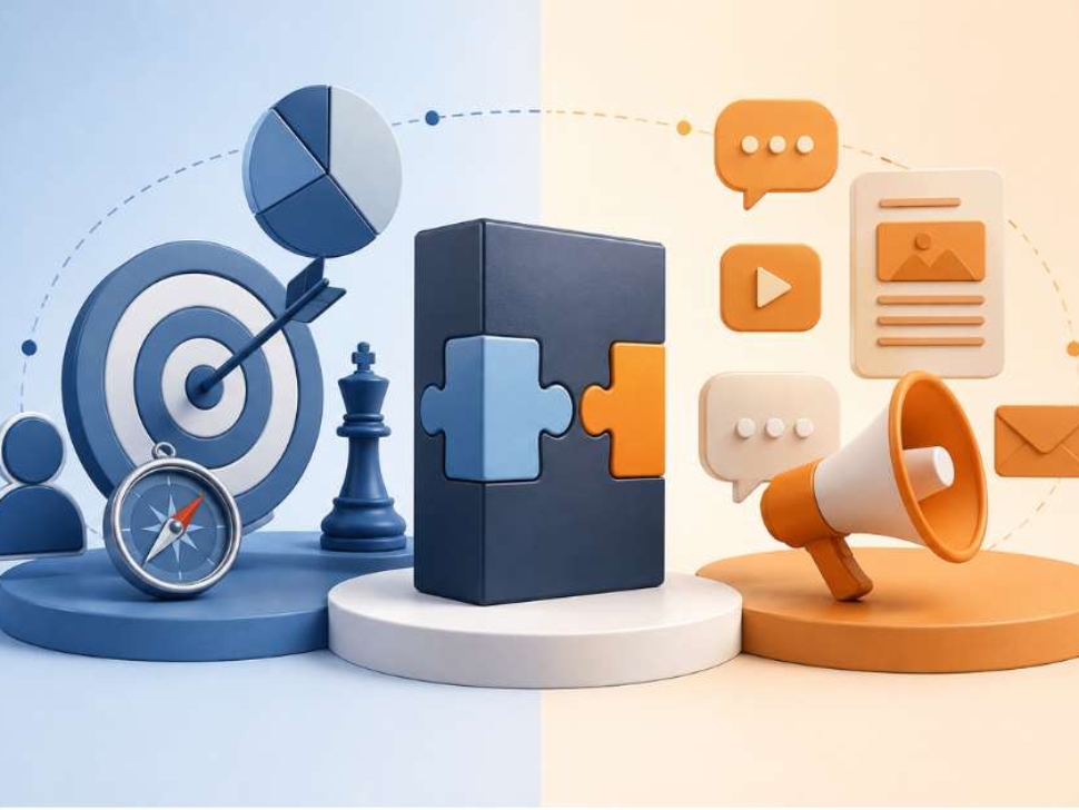3D illustration comparing product positioning and messaging, with strategy symbols such as a target, compass, and analytics on one side,