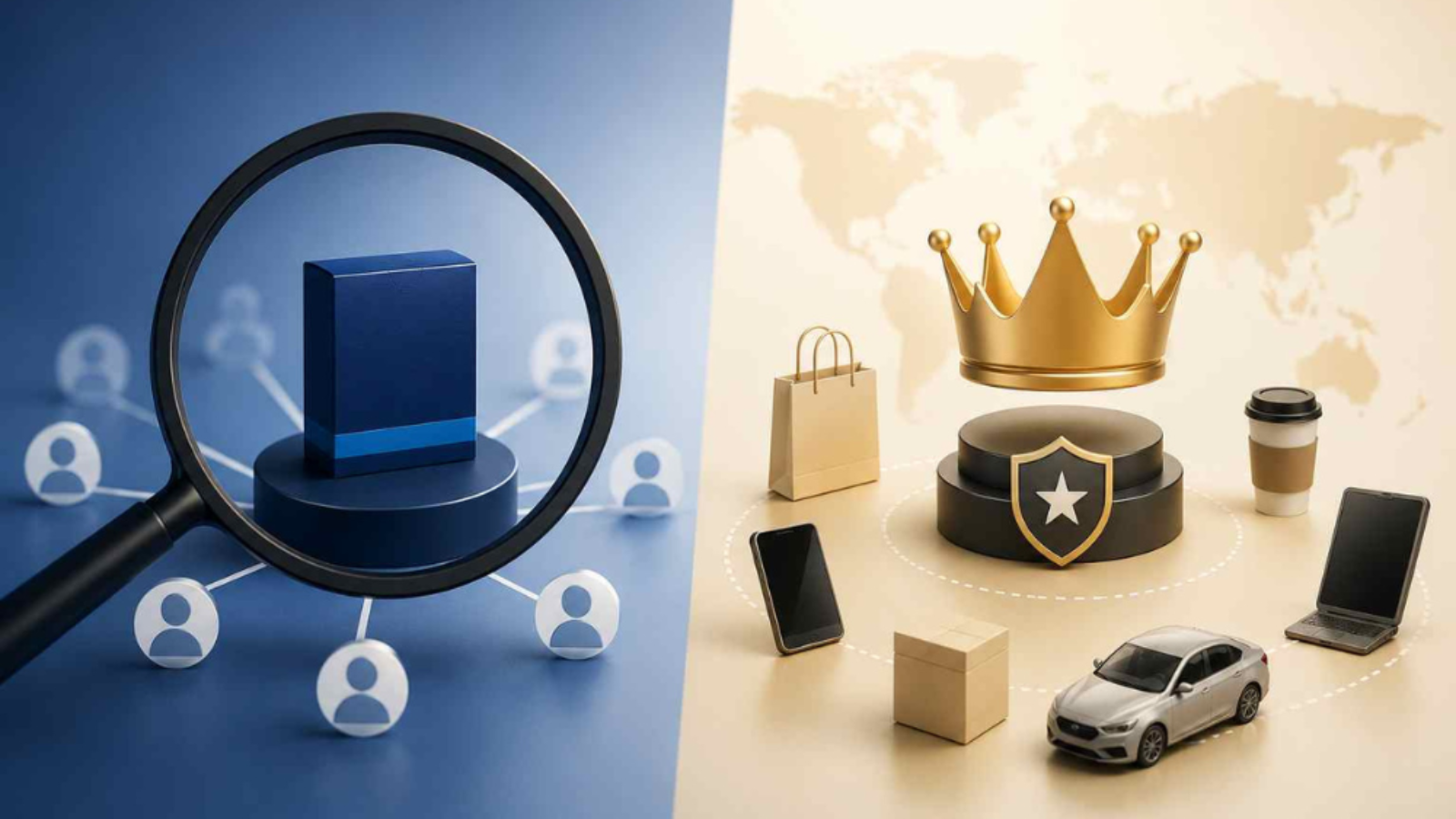 Product vs. brand positioning shown through a magnified product and a broader brand ecosystem.