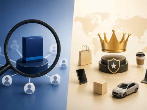 Product vs. brand positioning shown through a magnified product and a broader brand ecosystem.
