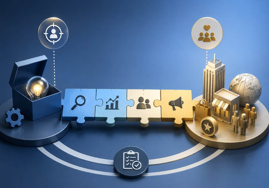 A 3D business strategy illustration showing interconnected puzzle pieces linking product development, customer research, marketing, and brand growth.