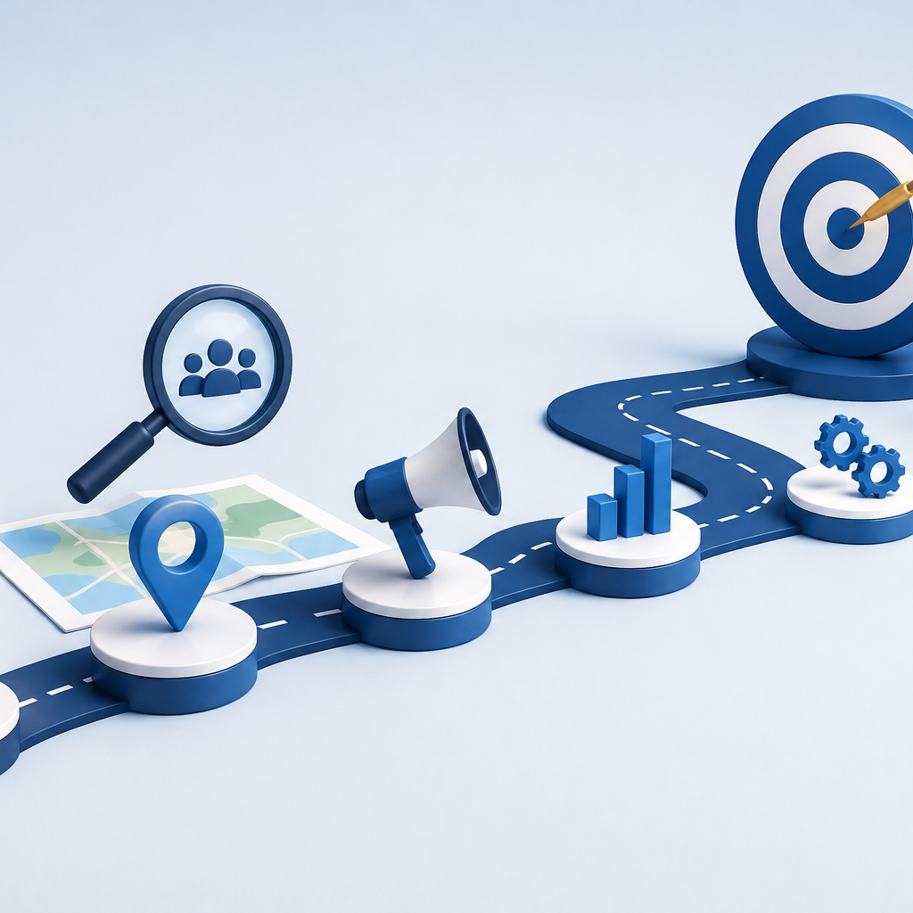 3D business roadmap with a winding path leading from an idea bulb through market research, audience targeting, marketing, growth, and operations to a successful bullseye target.

