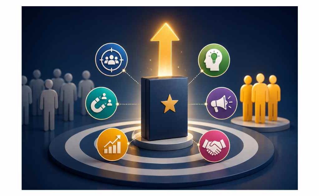 Product positioning concept showing a product centered on a target platform, surrounded by customer targeting, marketing, growth, insight.