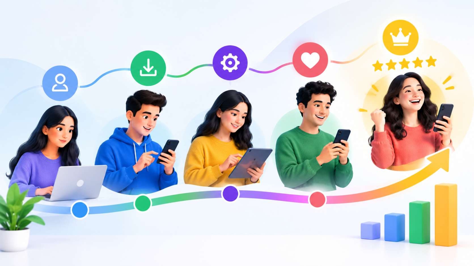 Product adoption journey showing users progressing from signup and onboarding to active engagement and loyal customer success.