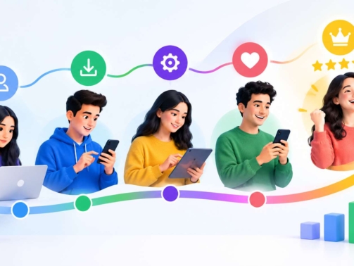 Product adoption journey showing users progressing from signup and onboarding to active engagement and loyal customer success.